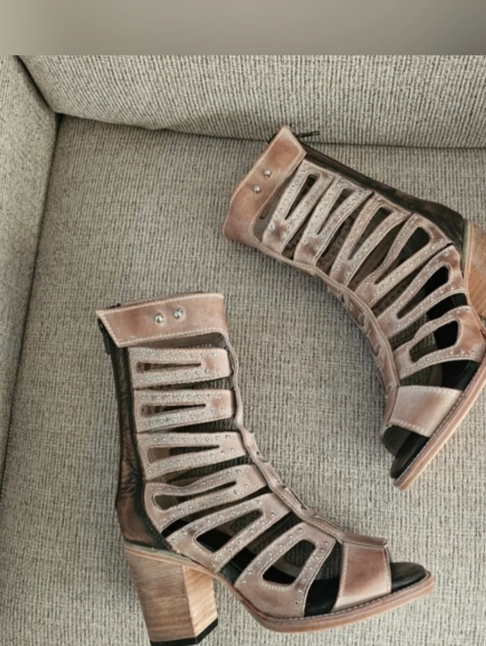 Freebird by Steven Metallic Taupe Cutout Block Heel Sandals